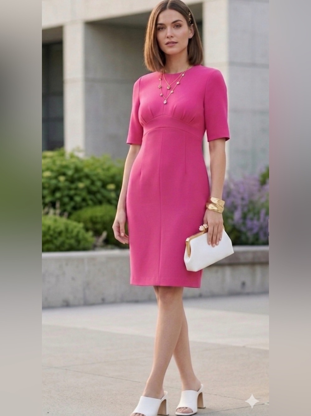 Calvin Klein Hibiscus Pink Pleated Empire Sheath Dress NWT 10